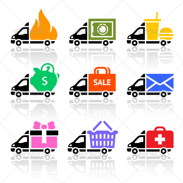Delivery Cargo Trucks, Colored Icons Set - Commercial / Shopping Conceptual