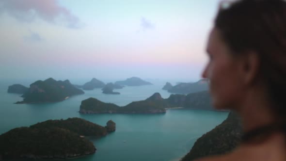 Thailand's Seascape Islets Bokeh Woman on Greenery Isles in National Marine Park Moo Koh Ang Thong