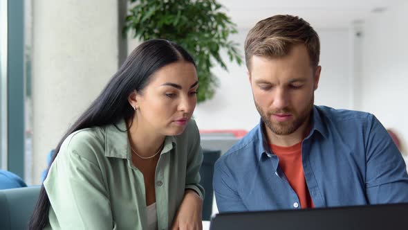 Smiling Businesspeople Work Collaborate on Computer Brainstorm Over Company Startup at Office alt