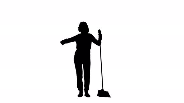 Girl with a Mop in Her Hands Is Standing and Looking Around the Side. Silhouette White Background alt