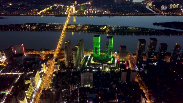 Night Aerial Photography Of Orange Island Bridge  Wuyi Avenue  Changsha City