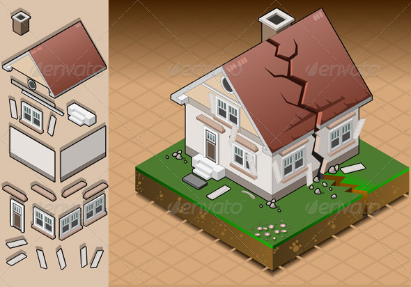 Isometric House Hit by Earthquake - Conceptual Vectors