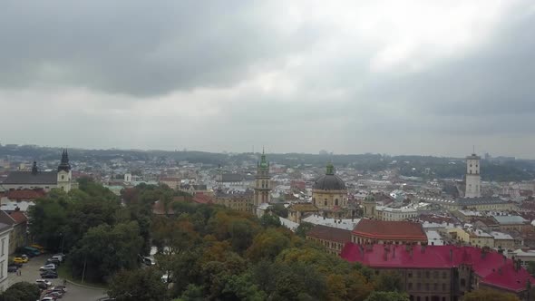 Top View of the City Center Lviv - Trees, Houses and Churches. The Outstanding Ukrainian City From alt