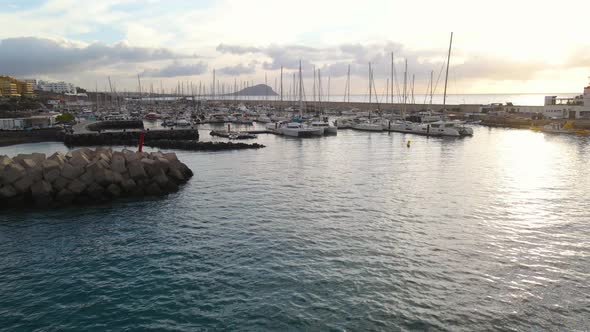 Aerial View of Many Beautiful Yachts are in the Marina San Miguel on Canary Island Tenerife alt