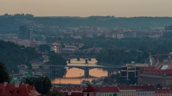 Attractive Morning View of Prague Bridges and Old Town Timelapse Czech Republic alt