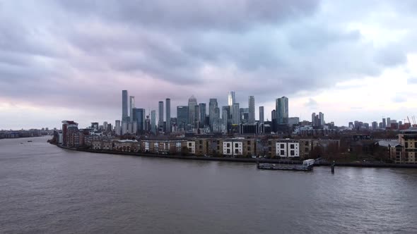 London City Canary Wharf and the River Thames Aerial Drone Shot With Dramatic Clouds alt