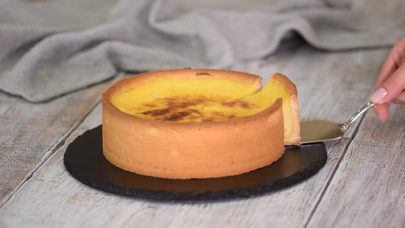  Classic French sweet flan patissier. Parisian Flan, cutted classic tart.