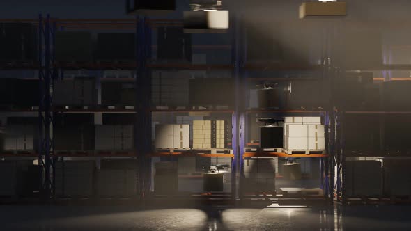 Drones flying and delivering packages and boxes in the large storehouse. alt