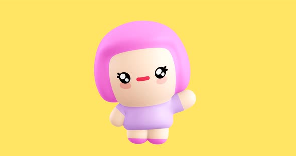 Funny Looped cartoon kawaii Girl character. Cute emotions and move animation. 4k video