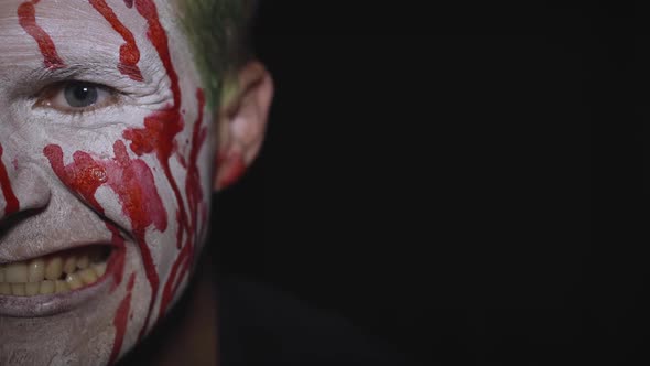 Clown Halloween Man Portrait. Creepy, Evil Clowns Blood Face. White Face Makeup alt
