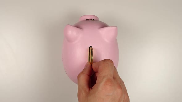 Human hand throws a coin into pink pig money box