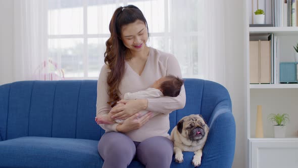 Beautiful Asian woman holding newborn baby in her arms sit on couch with cute dog pug breed alt