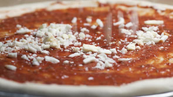close-up of a spoon spread a juicy red tomato sauce on pizza dough. alt