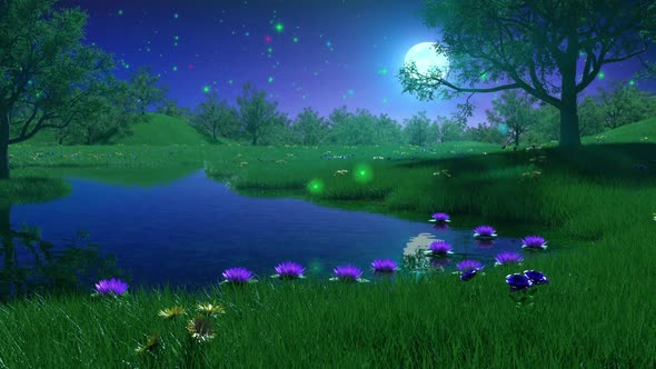 Fantasy moonlit night near pond with fireflies