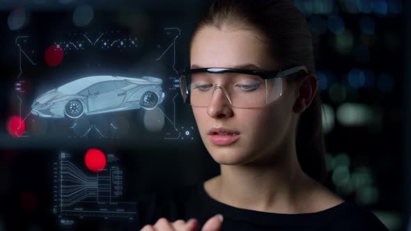 Engineer Designing Car Hologram in High Technological Glasses Thinking Closeup alt