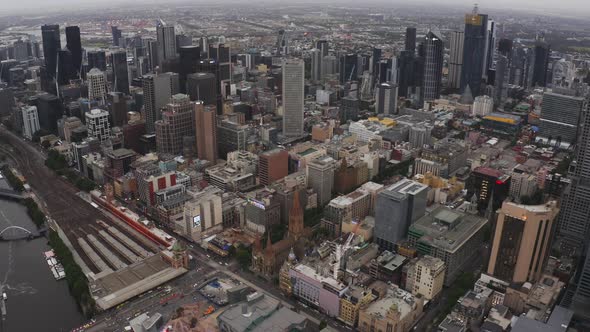 Drone Aerial View of the Melbourne City Skyline