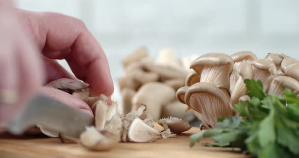 Male Hands Cut a Bunch of Fresh Mushrooms Into Pieces alt