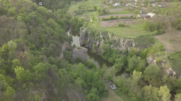 Aerial View To Granite Buky Canyon on the Hirskyi Takich River in Ukraine alt