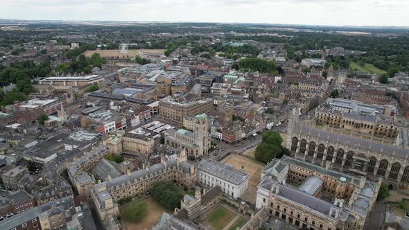 Cambridge City centre England drone panning aerial view 4K footage alt
