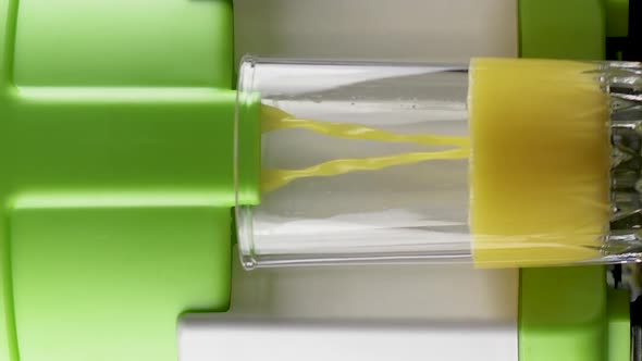 Vertical Video Freshly Squeezed Orange Juice is Poured Into a Glass Cup From a Juicer