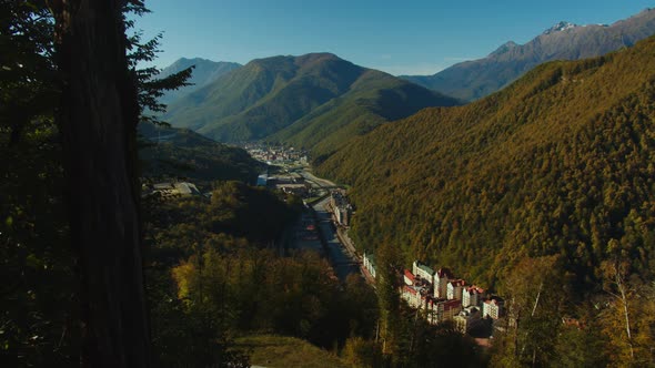 Breathtaking View of Rosa Khutor Village Among the Majestic Caucasus Mountain Range
