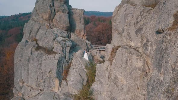 Newlyweds Stand on a High Slope of the Mountain, Groom and Bride, Arial View alt