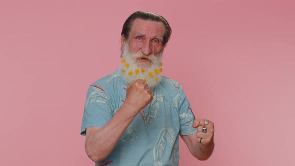 Stylish Senior Bearded Man Shouting Raising Fists in Gesture I Did It Celebrating Success Winning alt