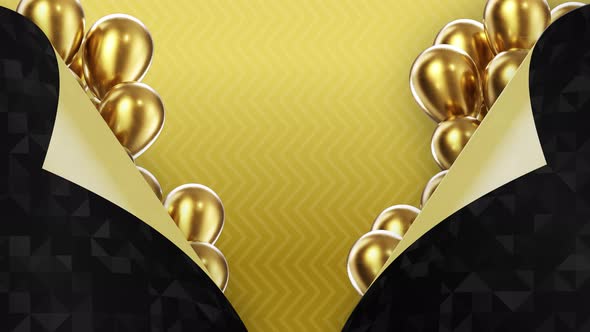 Two Black Pages Turned Inside Out on a Yellow Background with Golden Balloons alt