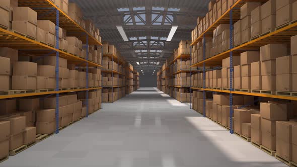 Warehouse hall with boxes and orders, the light turns on