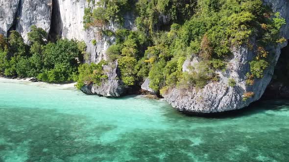 Amazing Coastline of Phi Phi Don, Thailand. Panoramic Aerial View on a Beautiful Sunny Day with alt