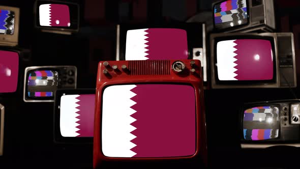 Flag of Qatar on Retro TVs. 4K.