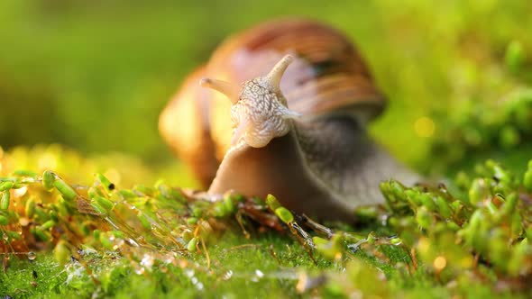 A snail creeps on moss.