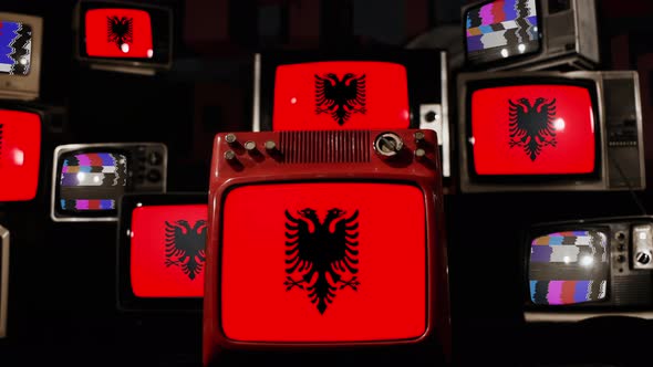 Flag of Albania on Retro TVs. 4K.