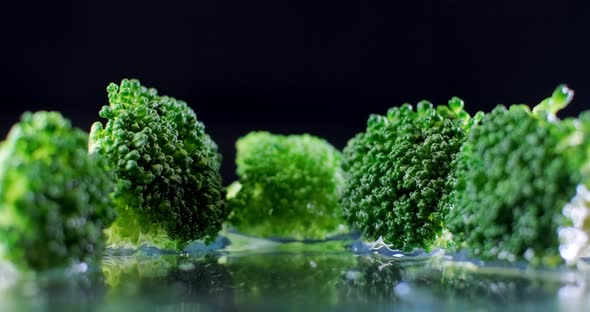 Broccoli lying on a wet surface isolated black background