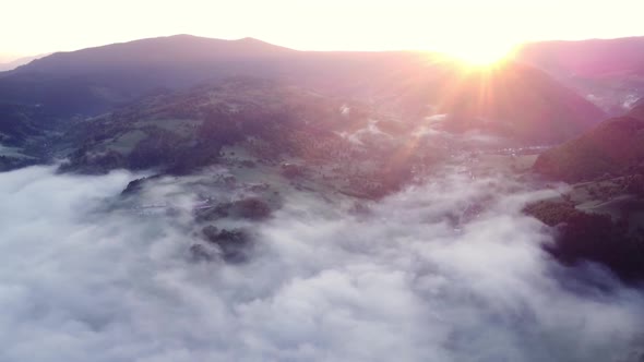 Aerial View Foggy Morning Mountain Forest Landscape with Golden Clouds Sunrise Misty Landscape