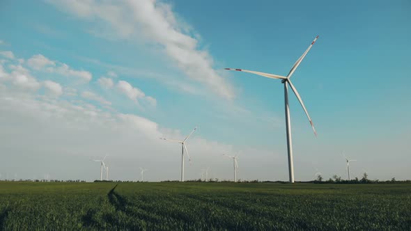 Motion Along Field with Installed Wind Turbines in Summer