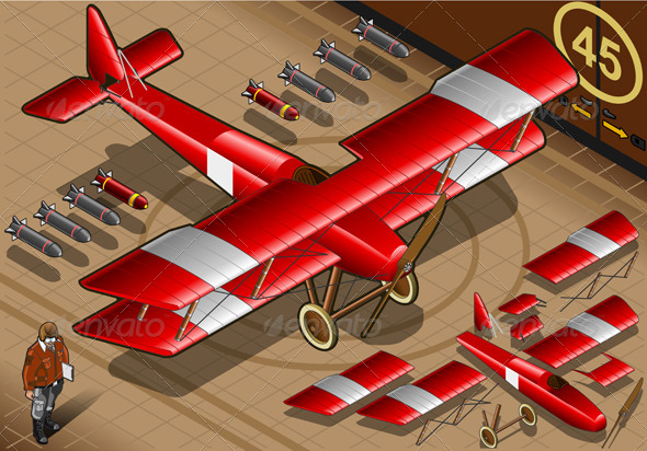 Isometric Red Biplane Landed in Front View - Objects Vectors