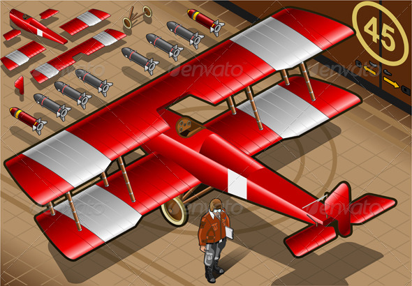 Isometric Red Biplane Landed in Rear View - Objects Vectors
