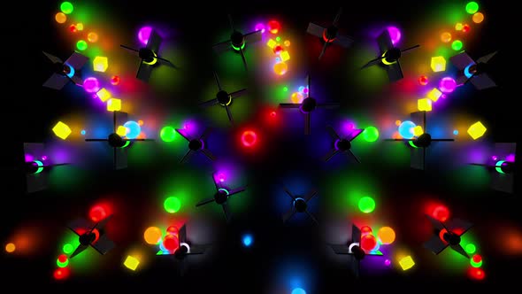 Falling neon colourful balls cubes bouncing from obstacles reflective background
