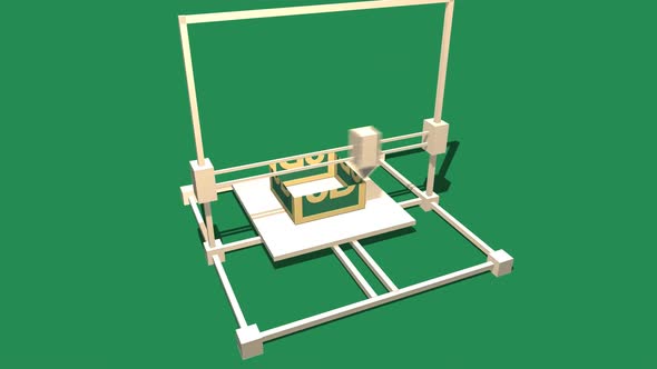 Simple Animation of Printing a 3D box with a 3D Printer. Green Background.