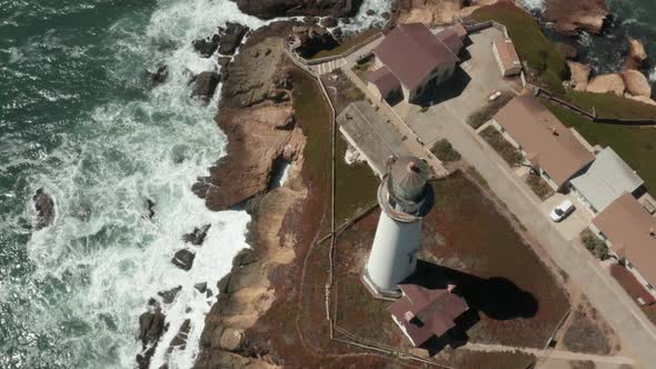 Aerial of Pigeon Point Lighthouse on Pacific Coast Highway near Half Moon Bay on California Coast alt