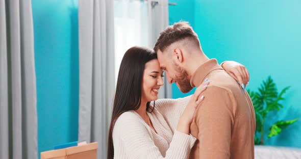 Side View Head Shot Close Up Young Bonding Family Couple Touching Foreheads Enjoying Intimate Tender alt