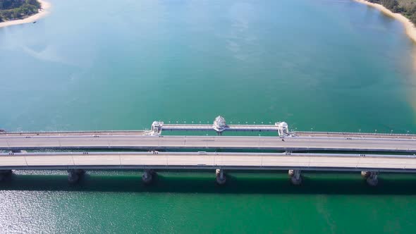 Aerial view top down view Sarasin Phuket Bridge transport over sea. Transport concept. alt
