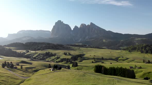 Drone Rising up Over Alpe di Suisi Fields and Meadows in Dolomites Italy