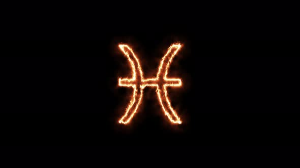 Zodiac signs Pisces on fire. Animation on a black background letters 4K video is burning in a flame.