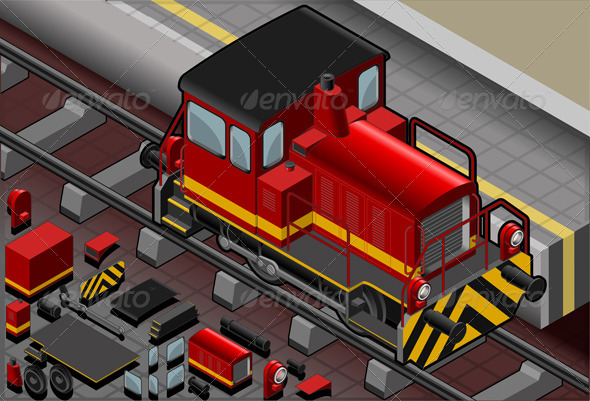 Isometric Red Train in Front View - Objects Vectors