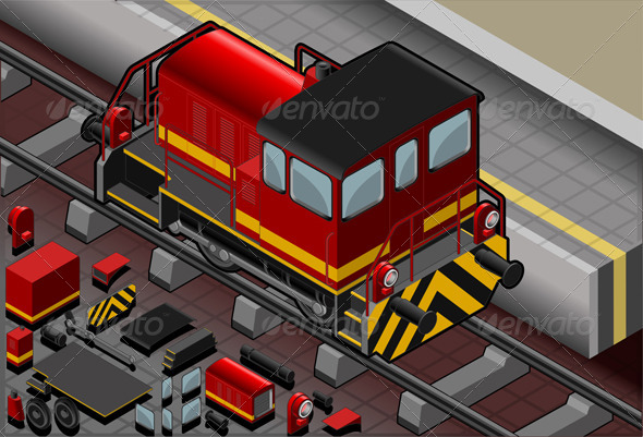 Isometric Red Train in Rear View - Objects Vectors