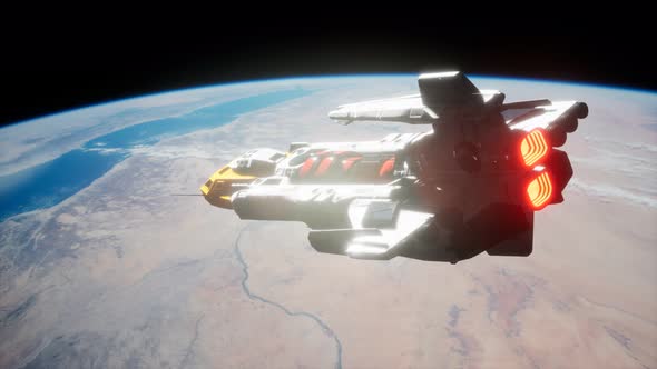 3D Illustration of a Spaceship in Orbit Around Planet Earth alt