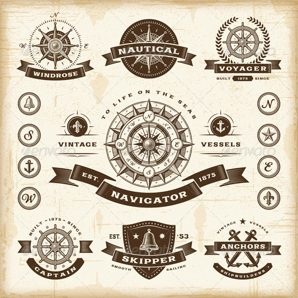 Vintage Nautical Labels Set - Decorative Symbols Decorative