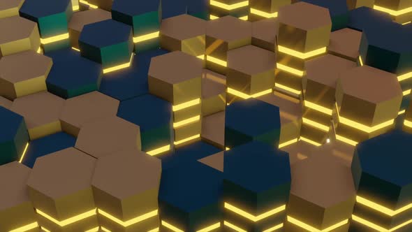 Abstract 3d rendering of hexagons in perspective. With yellow illumination.